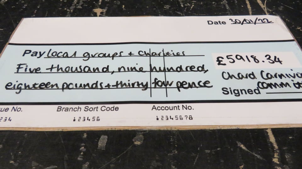 Chard Carnival Cheque for Amount raised for charity and local groups